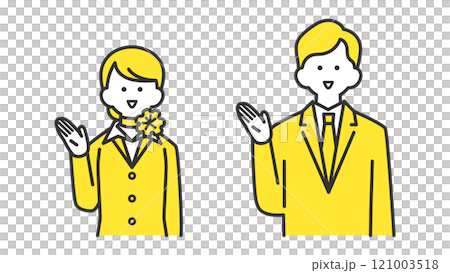 Man and woman in formal suits pointing with hand, two colors 121003518