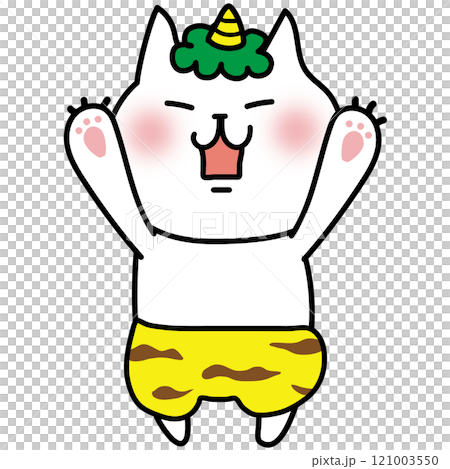 A white cat dressed as a threatening one-horned demon 121003550