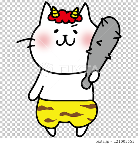 A white cat dressed as a two-horned demon holding a metal club. A white cat dressed as a two-horned demon holding a metal club. 121003553