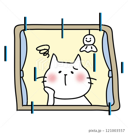 雨の日に困った顔で窓から外を見つめる白い猫 121003557
