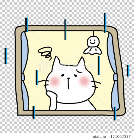 雨の日に困った顔で窓から外を見つめる白い猫 121003557