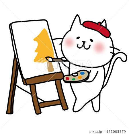 キャンバスに絵を描く白い猫のイラスト素材 [121003579] - PIXTA