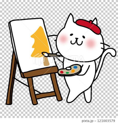 キャンバスに絵を描く白い猫のイラスト素材 [121003579] - PIXTA