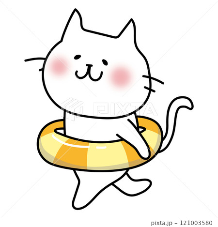 浮き輪を持って走る白い猫 121003580
