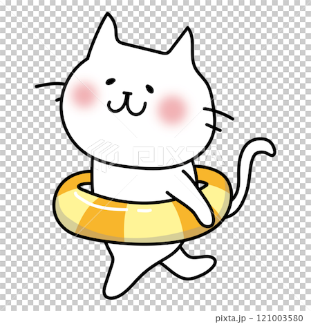 浮き輪を持って走る白い猫 121003580