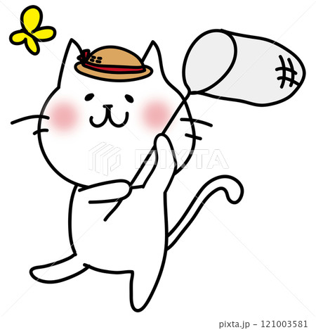 虫取り網で蝶を追いかける白い猫 121003581