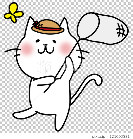 白貓用蟲網追著蝴蝶 白貓用蟲網追著蝴蝶 121003581