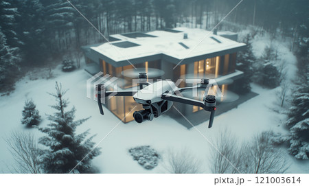 冬、降雪後の住宅上空を飛ぶドローン 121003614