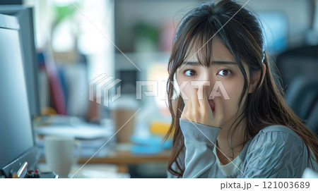 オフィスの座席で鼻を鼻をつまんで顔をしかめる女性 オフィスの座席で鼻を鼻をつまんで顔をしかめる女性 121003689
