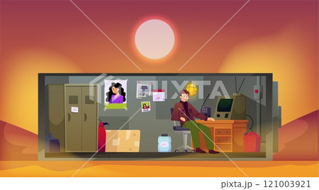 Bunker with man in lifeless desert area, vector cartoon shelter room with hopper door, retro walkie talkie and computer 121003921