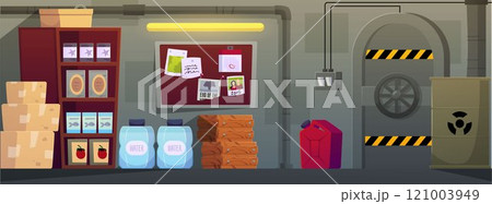 Underground bunker stocks storage interior, vector cartoon illustration of shelter room with hopper door, canned food 121003949