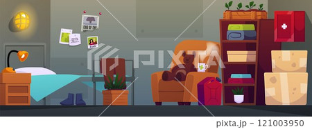 Underground bunker bedroom room interior, vector cartoon basement hopper shelter, closet storage, bed, potted plants 121003950