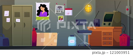 Underground bunker room interior design, vector cartoon shelter command station with retro walkie talkie and computer Underground bunker room interior design, vector cartoon shelter command station with retro walkie talkie and computer 121003951