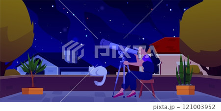Woman with telescope enjoying stargazing on rooftop with cat at night, vector astronomic hobby on village roof terrace 121003952