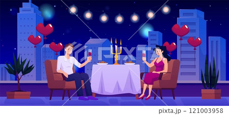 Vector illustration of young couple on a rooftop terrace with glasses of wine and candles 121003958