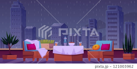 Vector illustration with evening balcony with a view of the city in the rain. 121003962