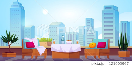 Vector illustration of a rooftop view with table, chairs and plants. 121003967