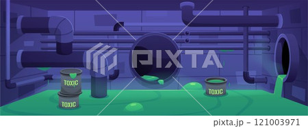 A sewer system with pipes and flowing toxic green liquid in the vector. 121003971