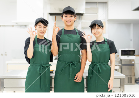 キッチン・バックヤードにいるキッチンスタッフ・調理スタッフの男女（ok・褒める・ナイス） 121005010