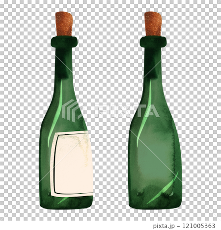 Green glass wine bottle with big cork and white blank label. Winemaking, restaurant business, alcohol for wedding or holiday. Isolated watercolor illustration. 121005363