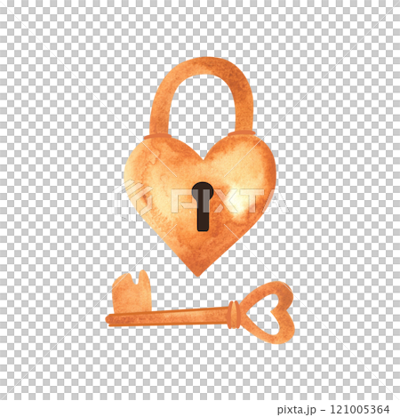 Heart-shaped lock and key. Wedding symbol of eternal love. Tradition. Isolated watercolor illustration. Heart-shaped lock and key. Wedding symbol of eternal love. Tradition. Isolated watercolor illustration. 121005364