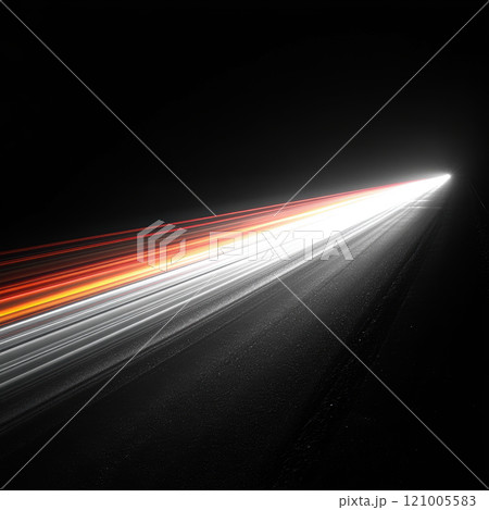 Abstract light patterns create dynamic movement against black background, showcasing vibrant streaks of red and white. This captures essence of speed and energy 121005583