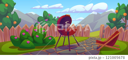 Cozy backyard with red BBQ grill 121005678