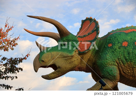 Animatronic robot dinosaur statues at Fukui train and bus stations in Fukui City in Japan 121005679