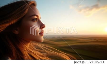 Thoughtful young woman gazing at sunset over rolling hills 121005711