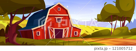 Red barn in rural landscape 121005712