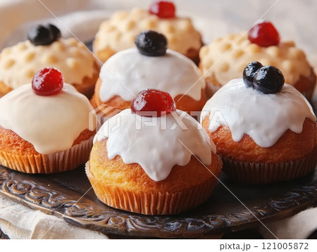 A white dome-shaped pastry with a red berry, Sicilian dessert named after Saint Agatha 121005872