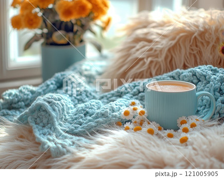 A serene early winter morning scene with a steaming cup of chamomile tea A serene early winter morning scene with a steaming cup of chamomile tea 121005905