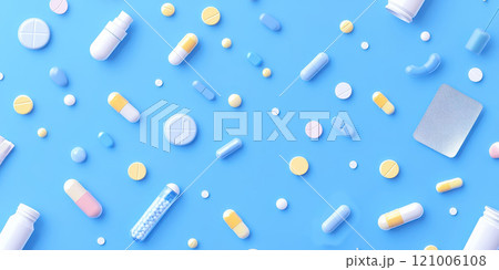 Pill capsules pattern, analgesic pile, painkiller drugs, sedative pills group, medicine gel capsules on blue 121006108