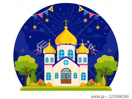 Happy Orthodox New Year Vector Illustration Celebrated on January 14, Featuring a Church and Fireworks in a Flat Cartoon Style Background Happy Orthodox New Year Vector Illustration Celebrated on January 14, Featuring a Church and Fireworks in a Flat Cartoon Style Background 121006190