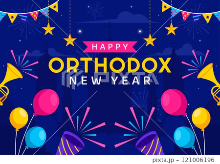 Happy Orthodox New Year Vector Illustration Celebrated on January 14, Featuring a Church and Fireworks in a Flat Cartoon Style Background 121006196