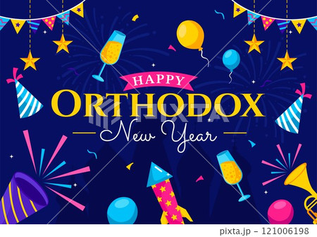 Happy Orthodox New Year Vector Illustration Celebrated on January 14, Featuring a Church and Fireworks in a Flat Cartoon Style Background Happy Orthodox New Year Vector Illustration Celebrated on January 14, Featuring a Church and Fireworks in a Flat Cartoon Style Background 121006198