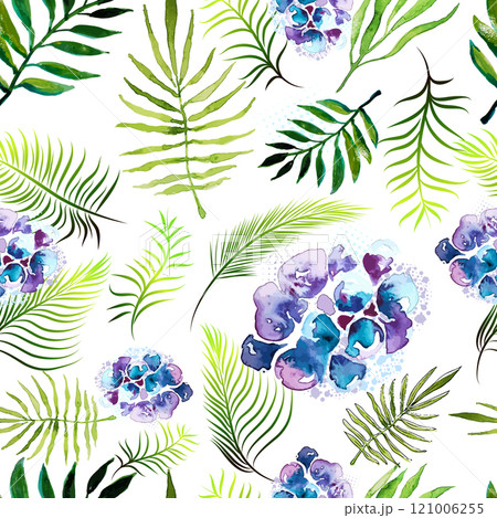 Palm leaves and flowers. Seamless pattern. hand drawing. Not AI, Vector illustration 121006255