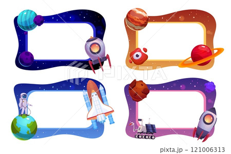 Photo frame space theme design cartoon set, astronaut in galaxy and alien UFO, border with spaceship, rocket spaceship Photo frame space theme design cartoon set, astronaut in galaxy and alien UFO, border with spaceship, rocket spaceship 121006313