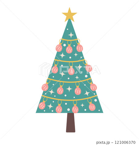 Christmas tree with baubles and garland isolated on white background. Nursery art and Scandinavian style. Christmas tree with baubles and garland isolated on white background. Nursery art and Scandinavian style. 121006370