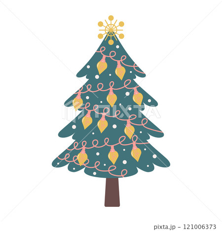 Christmas tree with baubles and garland isolated on white background. Nursery art and Scandinavian style. Christmas tree with baubles and garland isolated on white background. Nursery art and Scandinavian style. 121006373