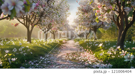 Spring alley of trees in full bloom, cherry and apple trees in bloom, petals on the ground, gentle sunlight 121006404