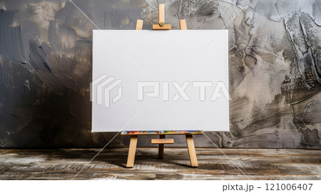 Blank white canvas on a wooden easel, with a minimalist background, ideal for displaying art and graphic work 121006407