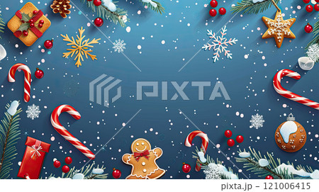 Christmas background with candy cane, gingerbread, twigs, berries, gift boxes and snowflakes 121006415
