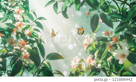 Colorful background with spring flowers and butterflies, fresh green leaves and light sky 121006442