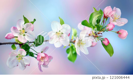 Macro shot of a blossoming sakura or apple tree branch with bright pink flowers, blue sky as background 121006444