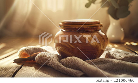 A round wood jar with a lid and a towel. Cozy mockup for beauty products 121006460