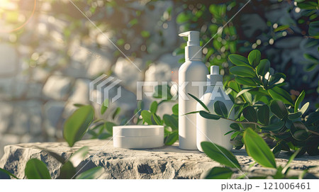 Empty white spray bottles and jar against a light stone and greenery background, with blurred sunlight 121006461