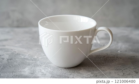 White ceramic cup on a light gray background, minimalistic style, with enough space for design White ceramic cup on a light gray background, minimalistic style, with enough space for design 121006480