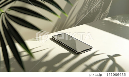 Smartphone mockup on a light background, minimalist workspace with a blank screen for adding interfaces Smartphone mockup on a light background, minimalist workspace with a blank screen for adding interfaces 121006486