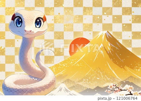 幸せの白蛇と富士山からの初日の出の和風イラスト年賀状テンプレート 121006764